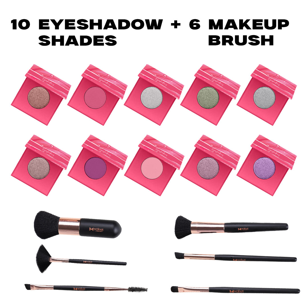 Moraze 10 Eyeshadow + 6 Brush Set | Bold Colors. Flawless Blends.