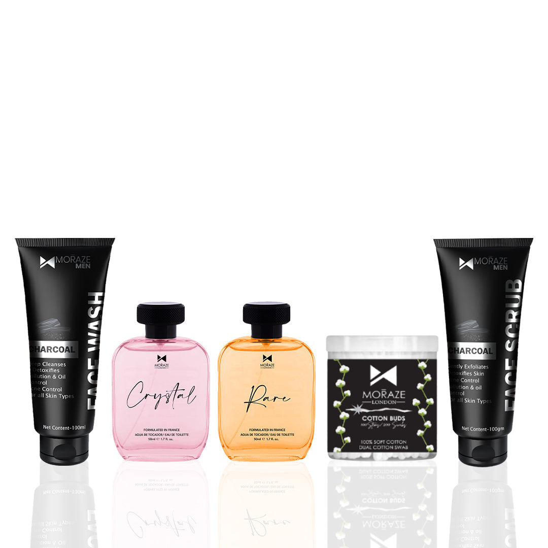 Moraze 2 Perfumes + Face Wash & Scrub + Earbuds | Unisex Care & Raksha Bandhan Gift Set