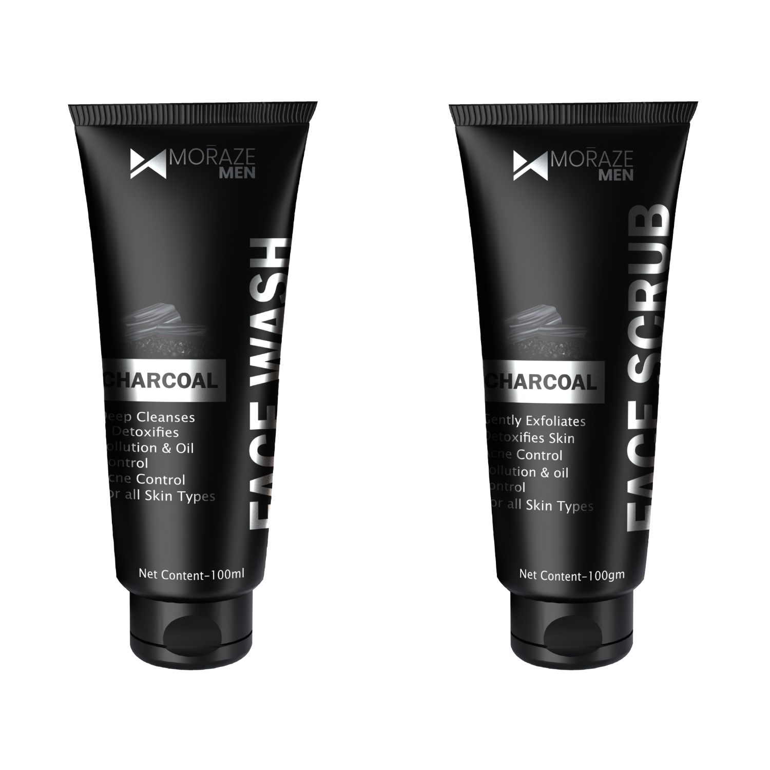 Moraze Men Activated Charcoal Pollution & Oil Control Face Scrub & Face Wash for Deep Pore Cleansing, 200 GM | Pack of 2 | Detoxifies Skin & Control Acne | Suitable for Men of All Skin Type