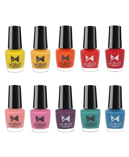 Moraze London Mini Nail Paint Kit - Pack of 10 | Glossy Finish | Highly Pigmented | Chip Free | Travel Friendly Nail Polish Set