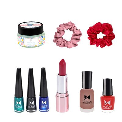 Moraze Beauty Gift Combo – Lip Scrub, Lipstick, Eyeliners, Nail Paints & Scrunchies | Festive Kit