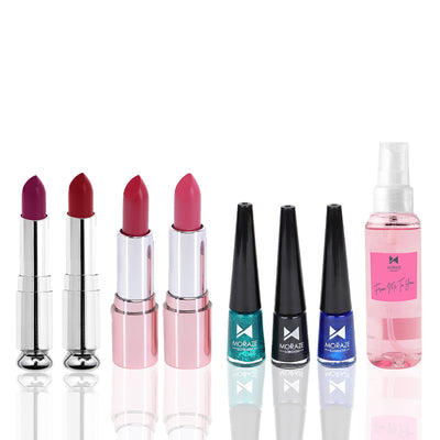 Moraze Makeup & Fragrance Kit – 4 Lipsticks, 3 Eyeliners & 1 Body Mist (50ml)