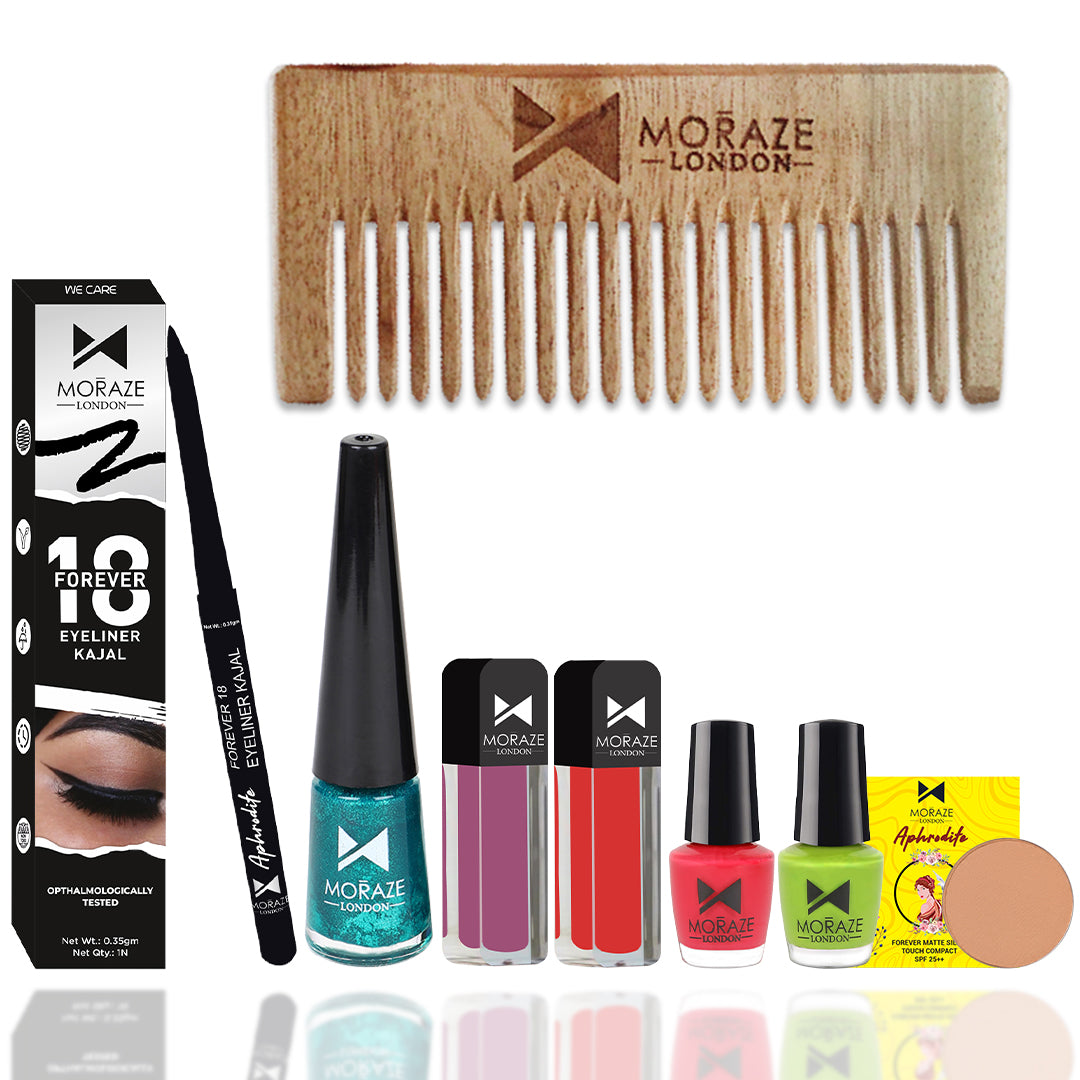 Moraze Slay All Day Glamorous Beauty Essentials with our Festive Makeup kit kajal eyeliner 2 lipstick 2 nail polish neem comb compact Special karwachauth & Diwali Gifts