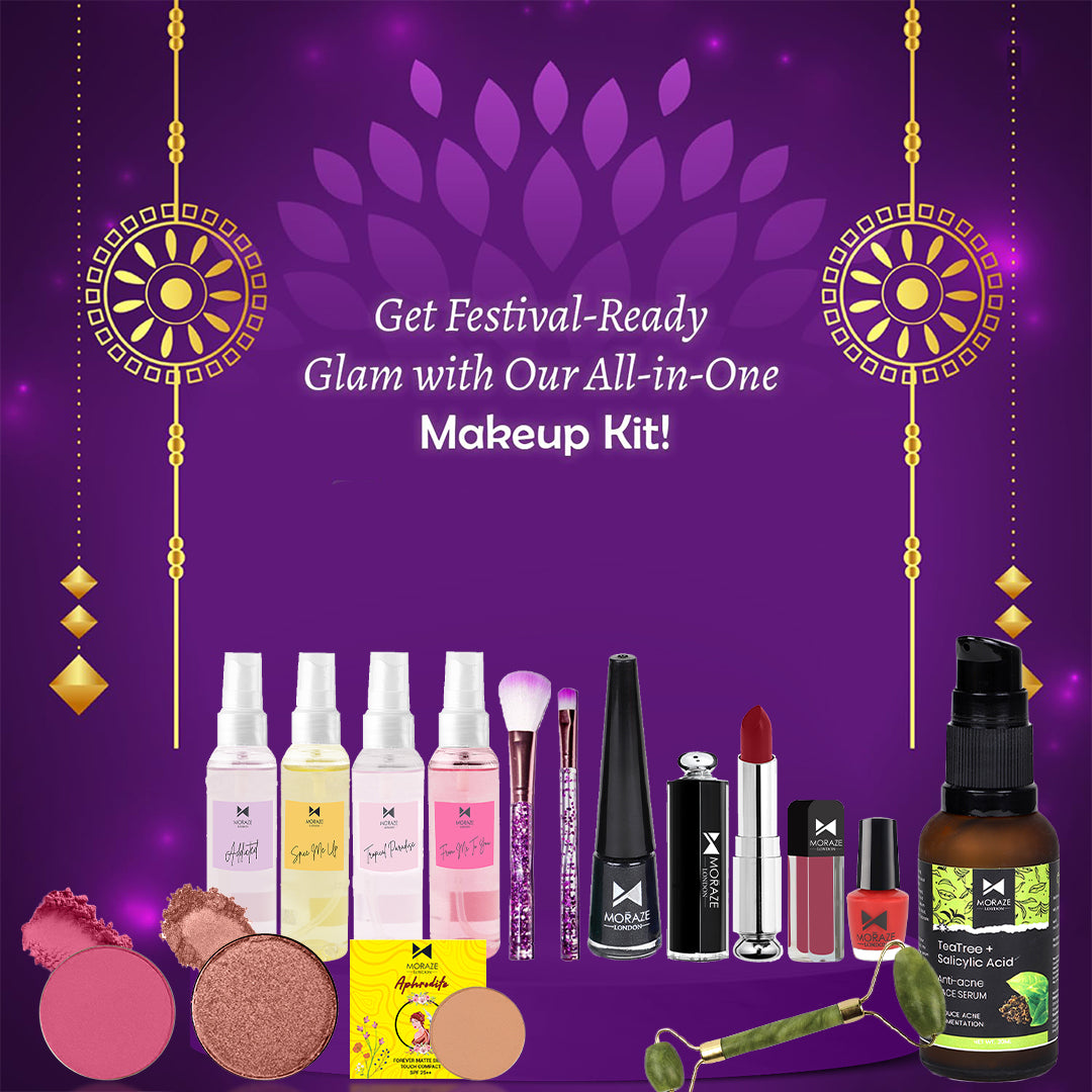 Moraze Slay All Day Glamorous Beauty Essentials with our Festive Makeup kit body mist 2 eyeshadow 2 makeup brush compact eyeliner 2 lipstick nail polish_free jade roller & face serum