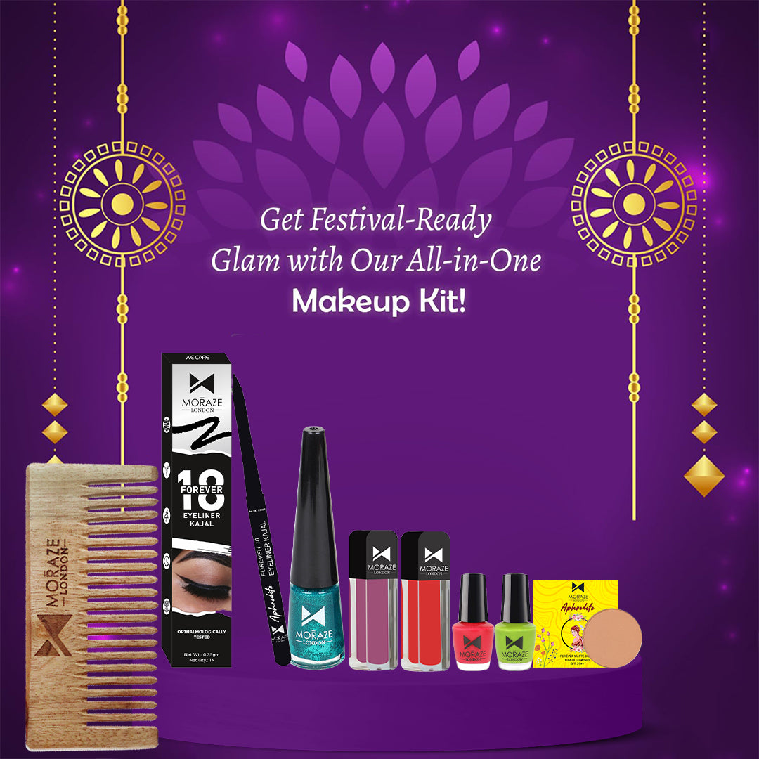 Moraze Slay All Day Glamorous Beauty Essentials with our Festive Makeup kit kajal eyeliner 2 lipstick 2 nail polish neem comb compact Special karwachauth & Diwali Gifts