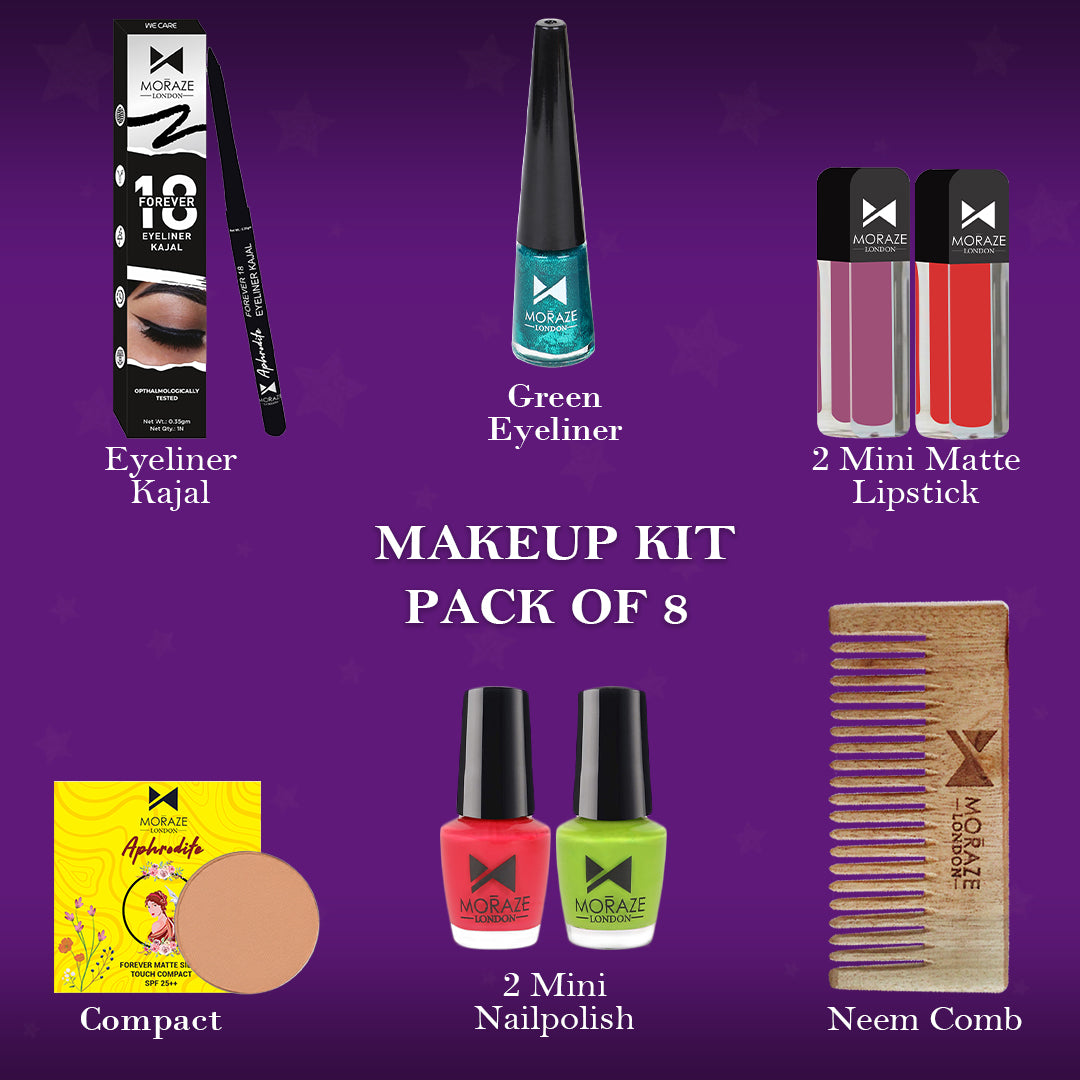 Moraze Slay All Day Glamorous Beauty Essentials with our Festive Makeup kit kajal eyeliner 2 lipstick 2 nail polish neem comb compact Special karwachauth & Diwali Gifts