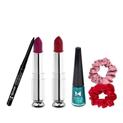 Moraze Eye & Lip Essentials Combo – Kajal, Eyeliner, 2 Creamy Matte Lipsticks & 2 Scrunchies