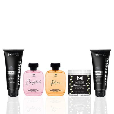 Moraze 2 Perfumes + Face Wash & Scrub + Earbuds | Unisex Care & Raksha Bandhan Gift Set