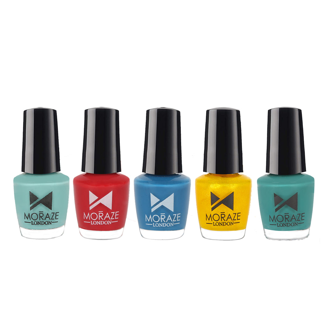 Moraze Glossy Nail Polish For Women, Long Lasting & Non Toxic (Aquamarine+Bratty Bratty Sun Fun+Inbox+Watermelon Slush+The Blue Lagoon) (Pack Of 5)