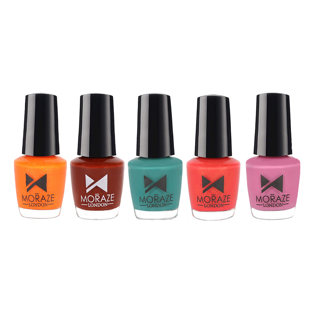 Moraze Glossy Nail Polish For Women, Long Lasting & Non Toxic (Chitty Chitty Bang Bang+Haughty Naughty+Jell Oh Shot+The Blue Lagoon+You Make Me Blush) (Pack Of 5)