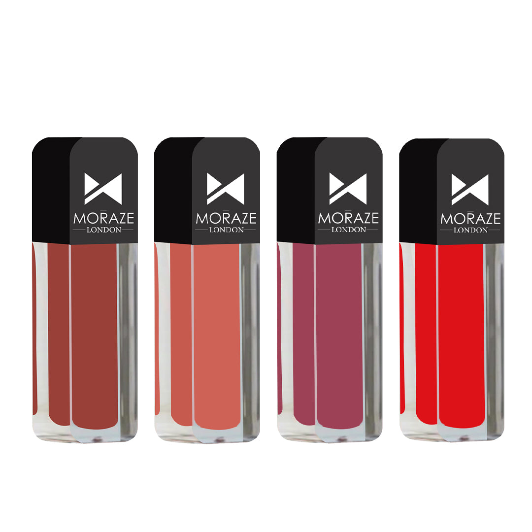 Moraze Moisturizing Liquid Lipstick For Women, Long Lasting & Smudge Proof Matte Lipstick (flamingo+-heart-break+-scarled-red+-secret-affair) (Pack Of 4)